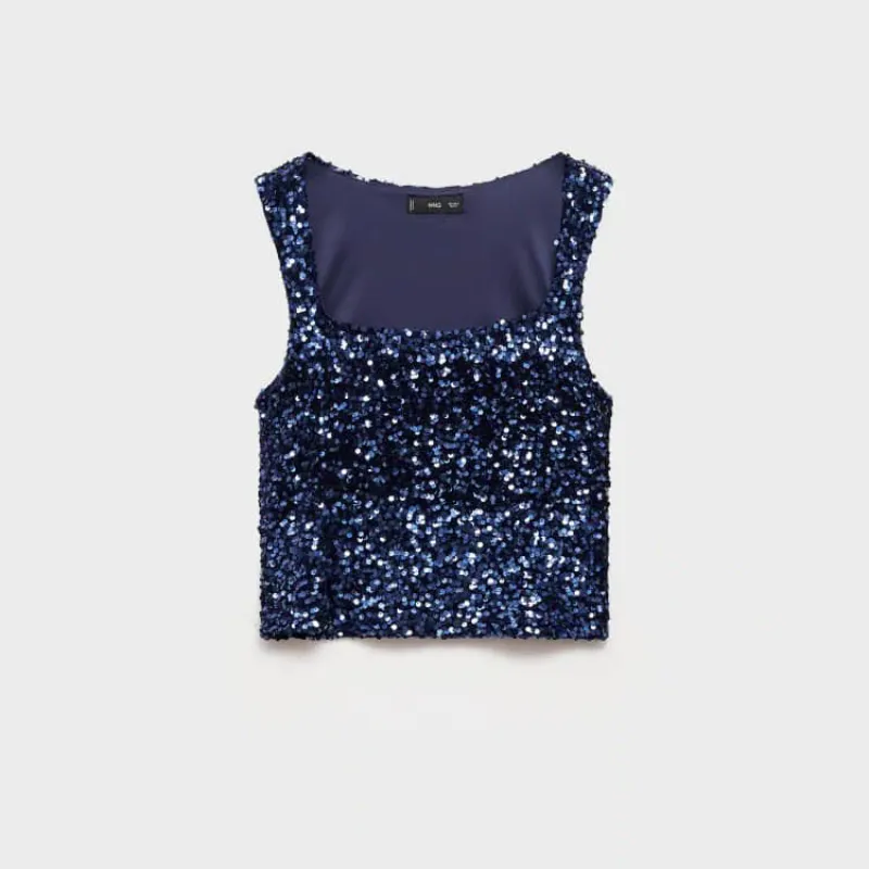 Top corte recto y lentejuelas azul 