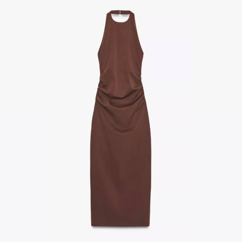 Vestido halter largo fruncido 