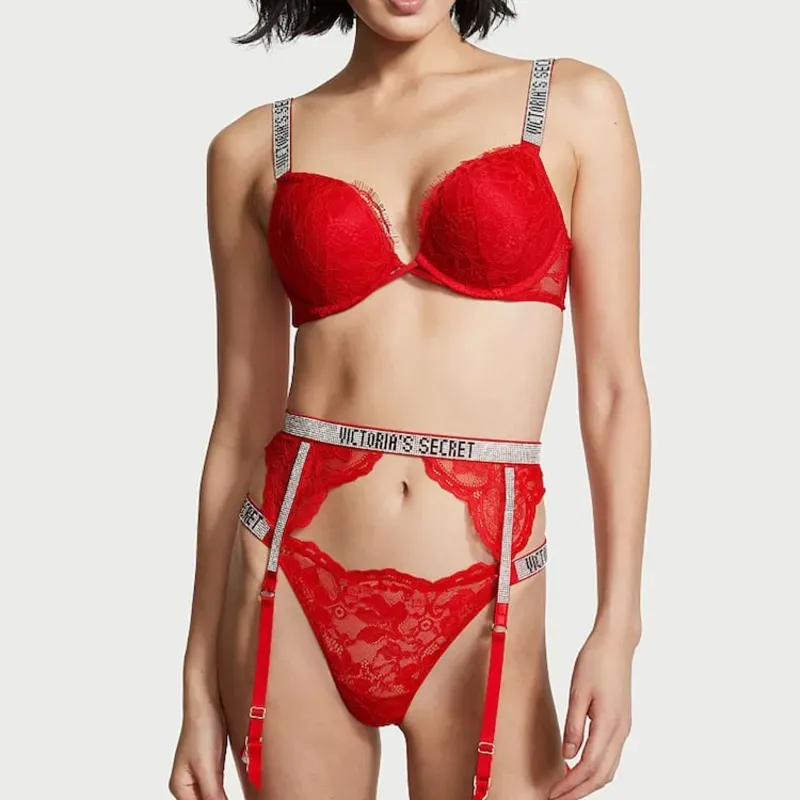 Liguero de encaje rojo brillante con tiras Victoria's Secret.