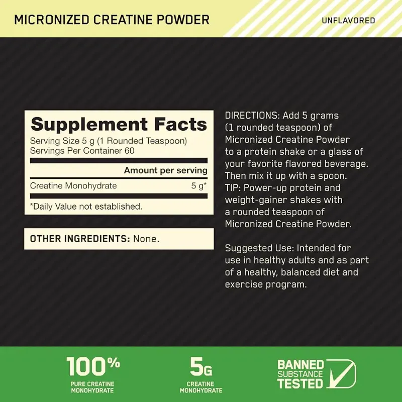 Optimum Nutrition Monohidrato de creatina micronizada en polvo.