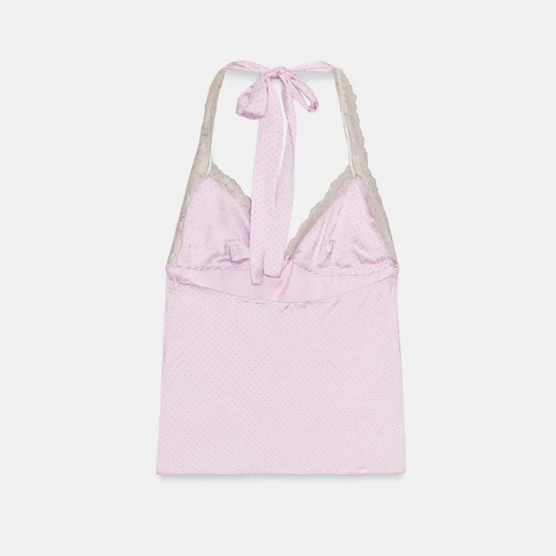 Top satinado de lunares y bies de encaje