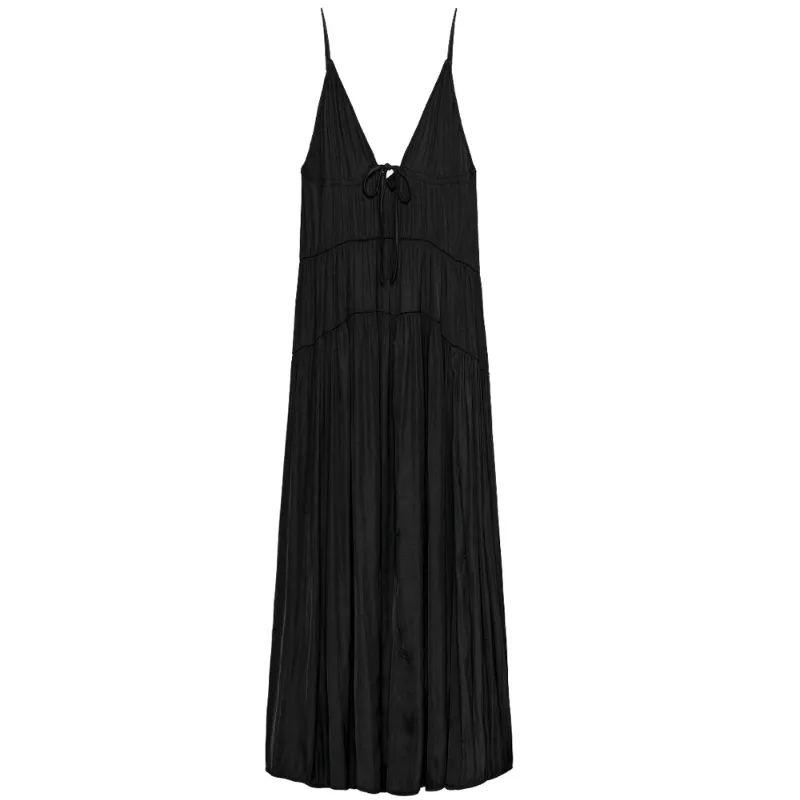 Vestido largo satinado con frunces