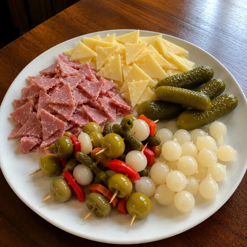Jamón Bravo, Queso Gouda, Banderillas, Pepinillos, Cebollitas