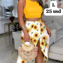 Conjunto de blusa corta y saya de girasoles 