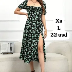 Vestido largo estampado de fondo negro con flores verdes