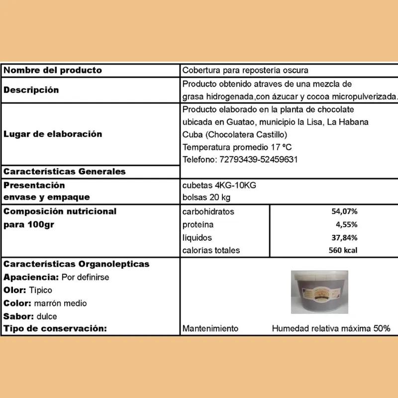 Ficha Técnica Cobertura Oscura de Repostería