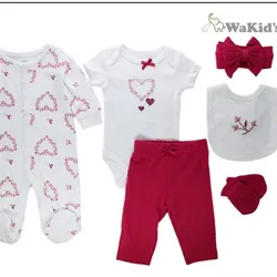 conjunto rojo para bebés niñas (Mono enterizo,body, pantalon,lazo grande, babero y medias)