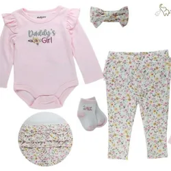 conjuntos de 4 piezas (Body mangas largas, pantalon con vuelos, cinta para el cabello y medias