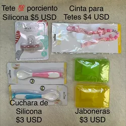 Cucharas de silicona,tete, jabonera y cinta para tete