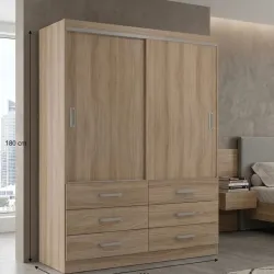 Armario de madera de puertas de corredera y seis gavetas color teca