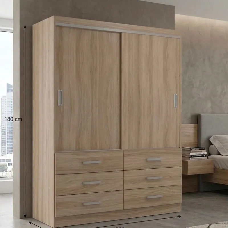 Armario de madera de puertas de corredera y seis gavetas color teca
