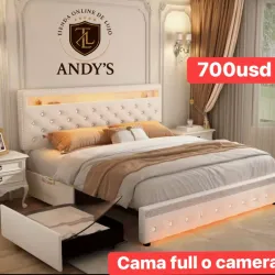 Cama full tapizada en blanco con luces led y gavetas