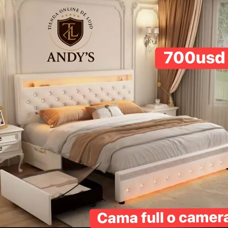 Cama full tapizada en blanco con luces led y gavetas