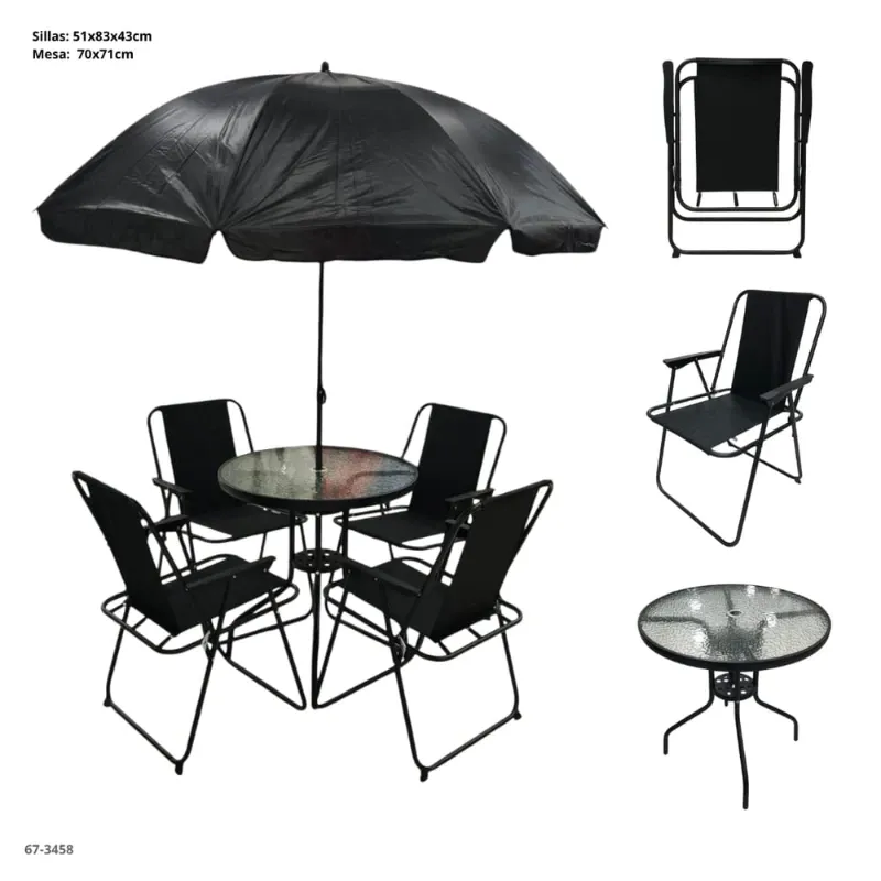 Juego de mesa y 4 sillas de terraza con sombrilla
