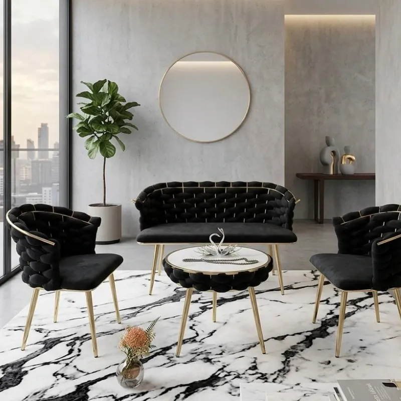 Juego elegante de sofá con dos butacas y mesa de centro