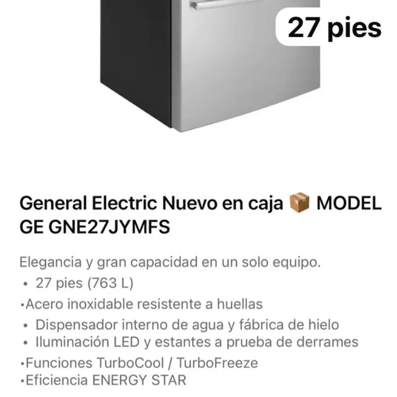 Refrigerador General Electric con dispensador de agua y fabricador de hielo interno french door 27 pies