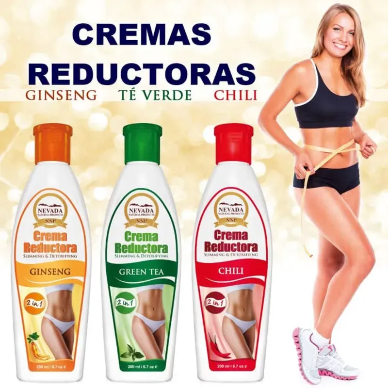 Cremas reductoras con extractos naturales de Ginseng, Té verde y Chili.🌿🌶️🍶  Aumenta la temperatura del cuerpo, lo que genera más calor quemando depósitos de grasa que se encuentran en el área del abdomen.