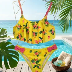 Bikini amarillo con lazos rosas