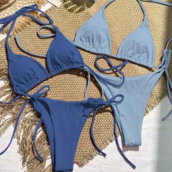 Bikini de unicolor de verano para mujer con correa de cuello halter, traje de baño de dos piezas
