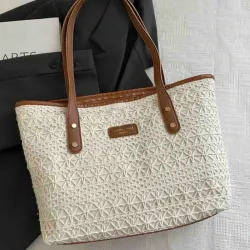 Bolso tipo tote de paja de gran capacidad en estilo universitario retro para mujer
