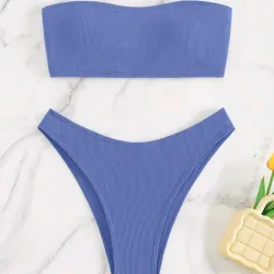 Conjunto De Bikini Bandeau De Color Sólido Para Mujer Con Textura Acanalada