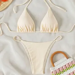 Conjunto de bikini de verano con cuello halter en V para la playa