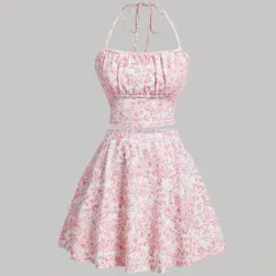 Conjunto de top y falda de mujer con estampado floral y detalles de volantes en la parte superior estilo hamster 