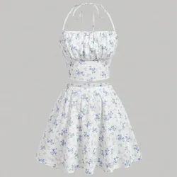 Conjunto de top y falda de mujer con estampado floral y detalles de volantes en la parte superior estilo hamster 