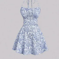 Conjunto de top y falda de mujer con estampado floral y detalles de volantes en la parte superior estilo hamster 