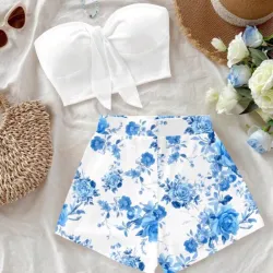 Set de 2 piezas con patron floral azul vintage y estilo retro , adecuado para vacaciones casuales ,sexy y lindo ,apto para el verano 