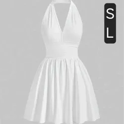 Vestido con cuello Halter en V , cintura ceñida y espalda descubierta 