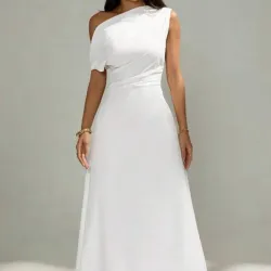 Vestido elegante asimétrico con hombro fruncido ,cintura drapeada y falda de corte evasè , vestido liso sencillo 