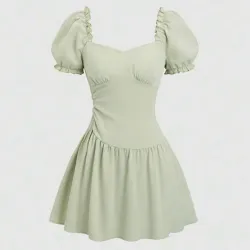 Vestido elegante y casual con escote cuadrado ,mangas abullonadas y pliegues