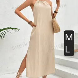 Vestido largo de verano para mujer con estilo francés terroso,sin espalda con abertura alta,para playa y vacaciones,cuello Halter,suelto,con abertura lateral y correa de amarre 