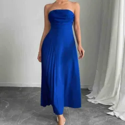 Vestido largo y elegante sin tirantes de mujer con pliegues y diseño de empalme