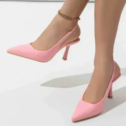 Zapatos de trabajo de tacón de aguja con punta en color rosa para mujer, deslizables con correa trasera
