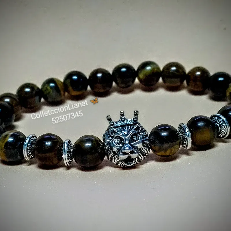 Pulso de piedras ojo de tigre con cabeza de león 