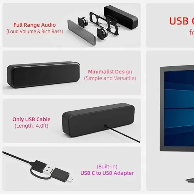 Barra de Sonido Compacta para PC y Laptop (Nueva en Caja) – USB / Type-C
