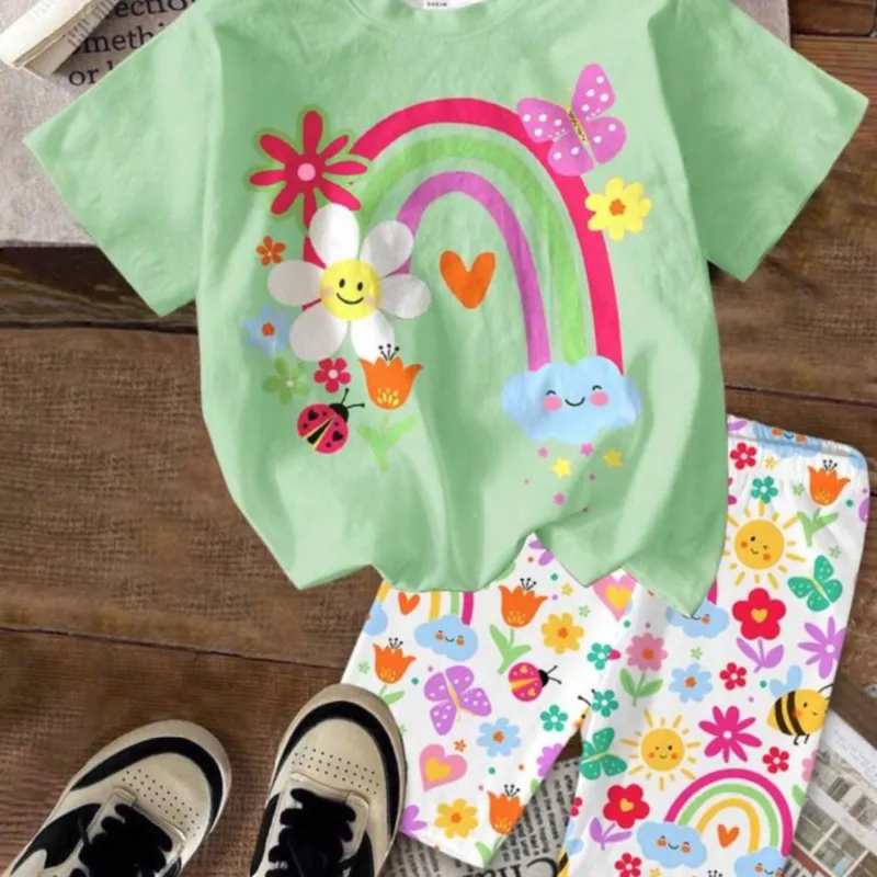 Conjunto verde con arcoíris de niña