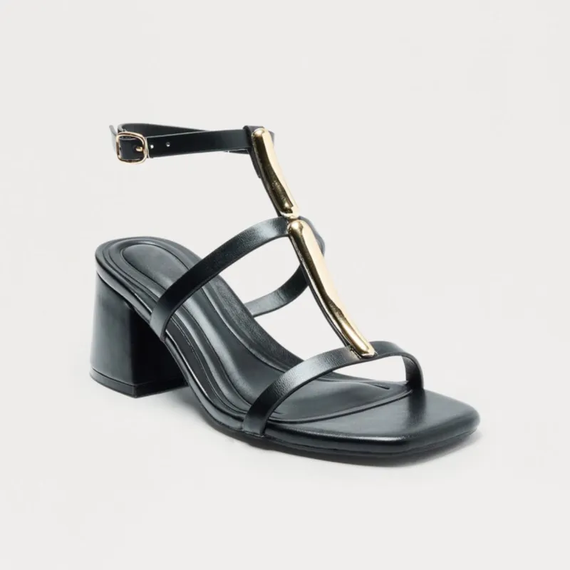 Sandalias de tacón cuadrado con detalle dorado