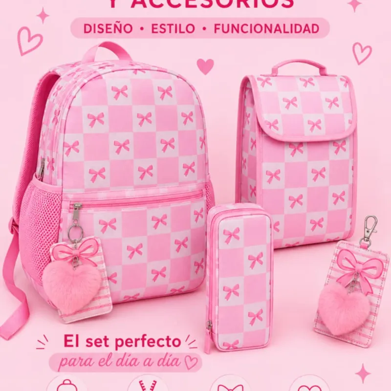 Set de mochila rosada con lazos