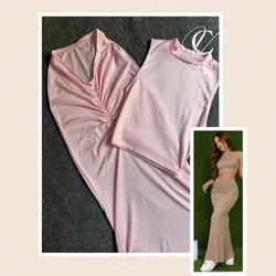 Conjunto rosa pastel  (espagueti) de saya larga con pliegue 💕