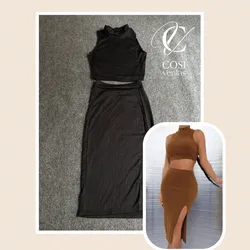 Conjunto de top desmangado  y saya(tela espagueti ) 