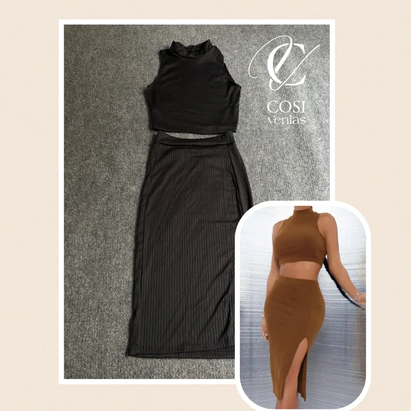 Conjunto de top desmangado  y saya(tela espagueti ) 