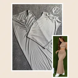 Conjunto gris (tela espagueti) de saya larga con pliegue
