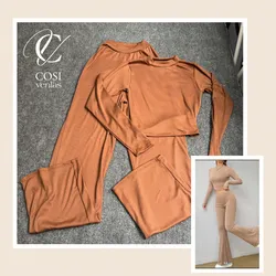 Juego de pantaloneta  con blusa de manga en carmelita 