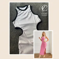 Vestido combinado con abertura lateral (blanco) 