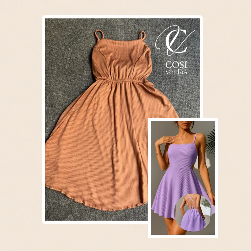 Vestido corto con espalda descubierta cruzada carmelita claro 🤎 