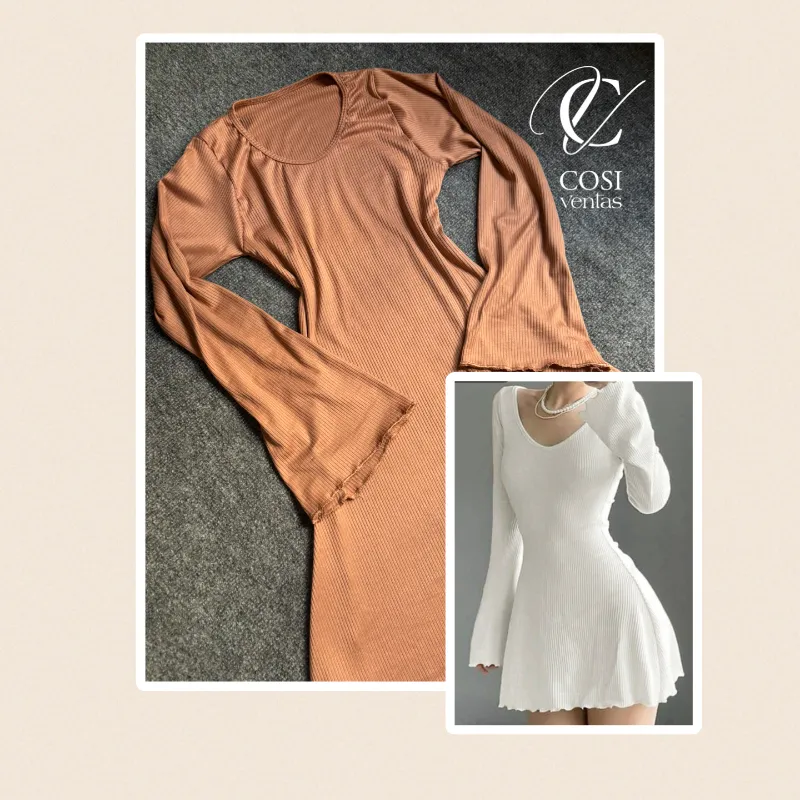 Vestido corto de manga larga carmelita claro 