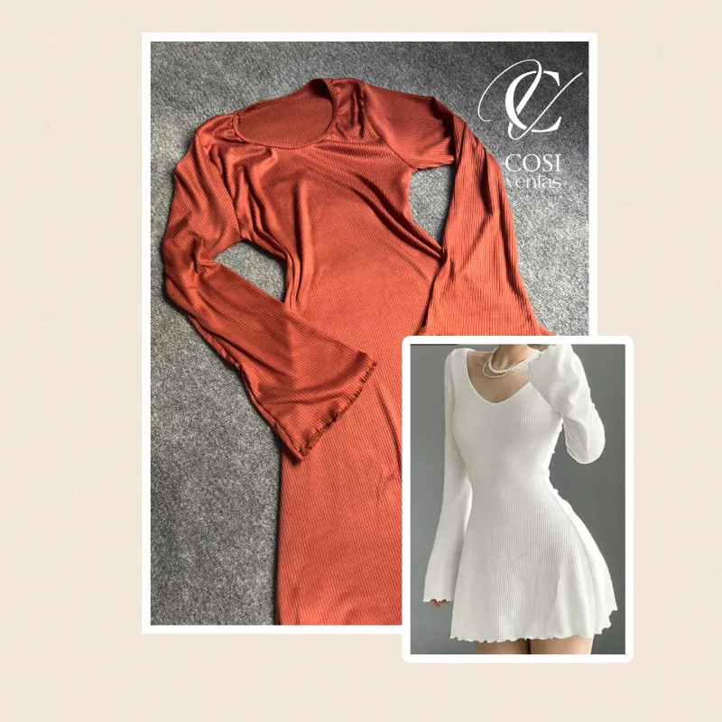 Vestido corto de manga larga carmelita oscuro 